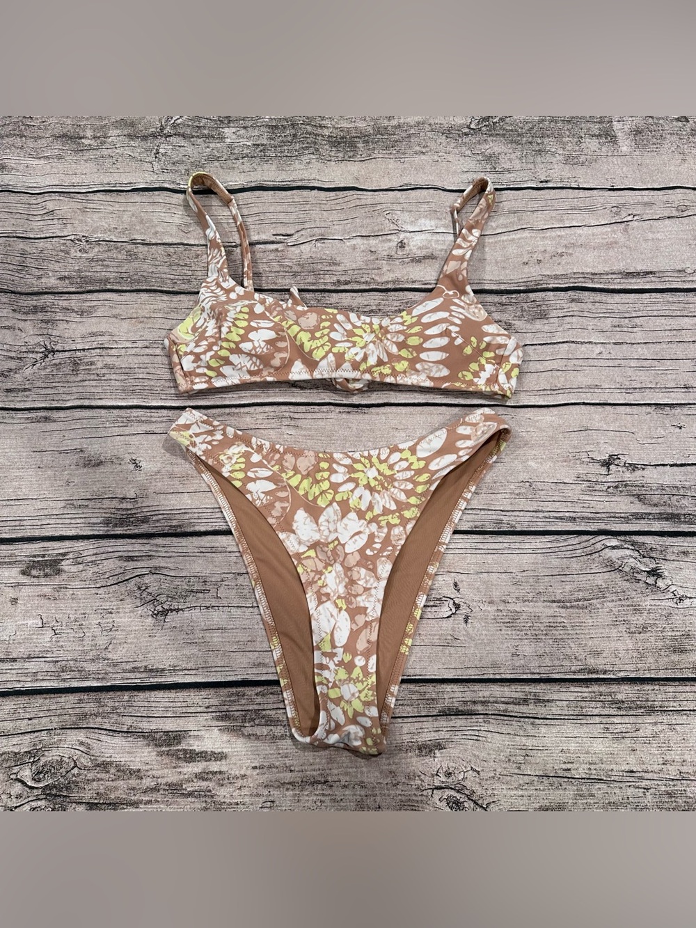 aerie Cheekiest Bikini in Tan w/ White Floral Pattern Tie Back Scoop Top Size S